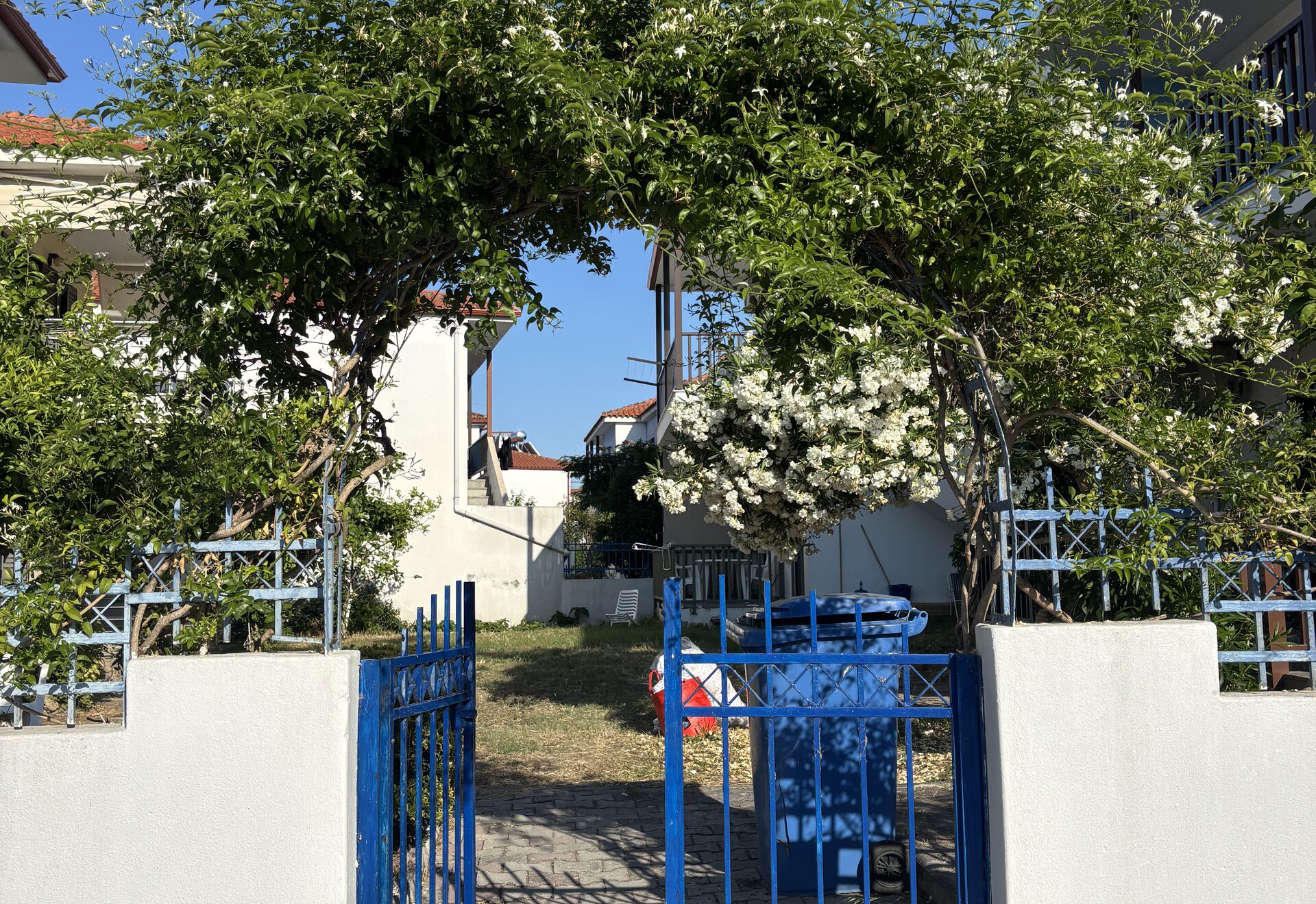 Polychrono Duplex garden gate entrance with flowering greenery