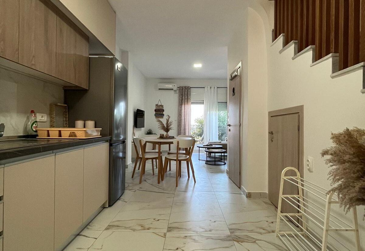 Aegean Dream kitchen hallway with interior stairs
