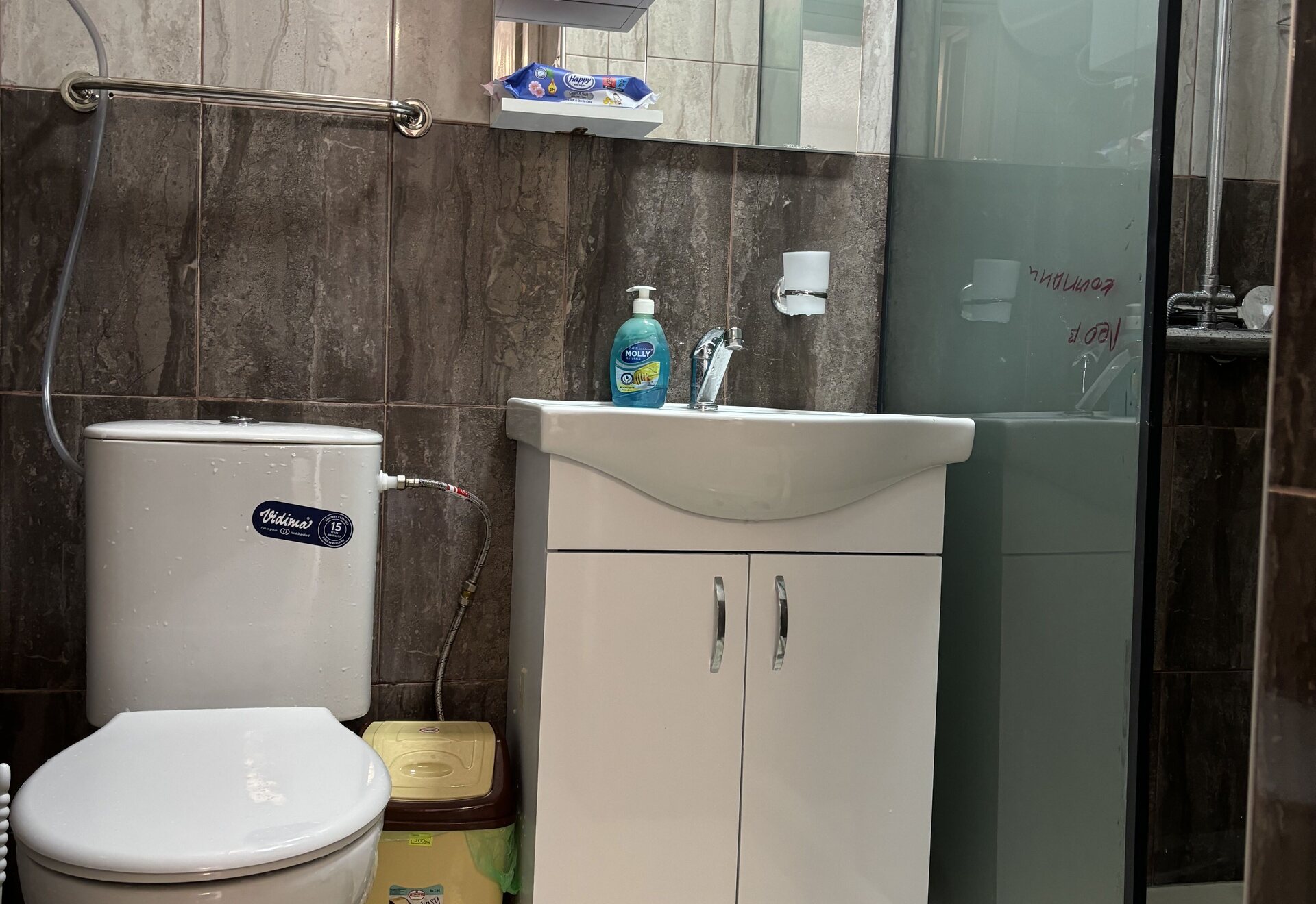 Garden Haven Two-Bedroom Apartment with Garden View bathroom with shower, vanity, and toilet