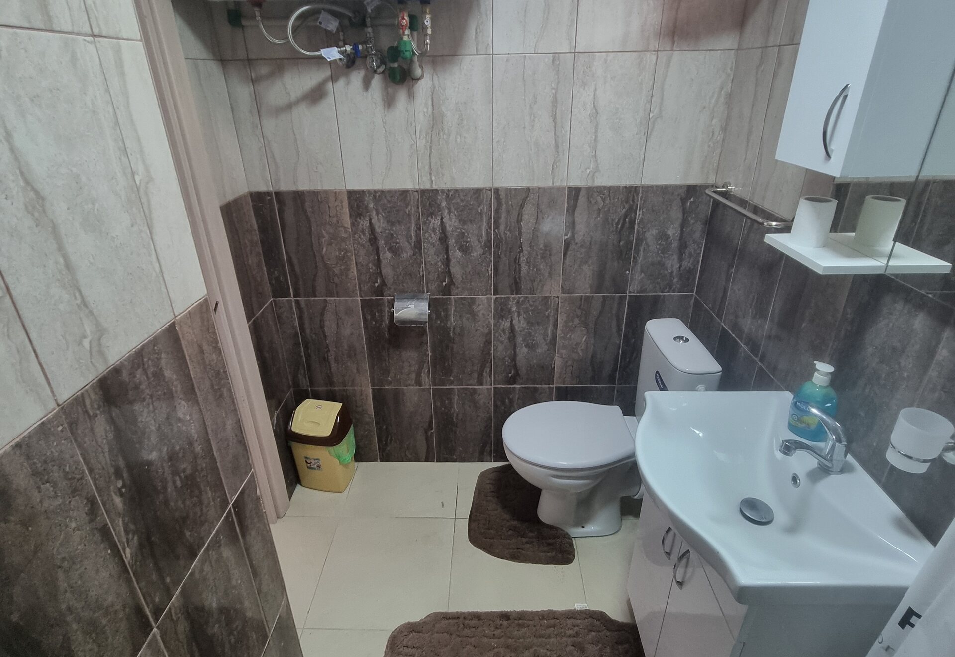 Garden Haven Two-Bedroom Apartment with Garden View bathroom with toilet, sink, and water heater